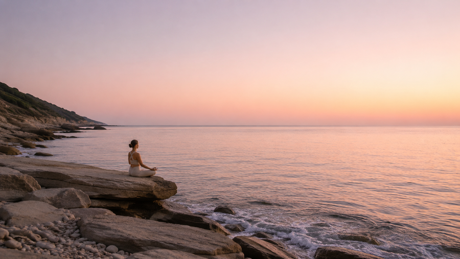 Person meditating beside the sea at sunset