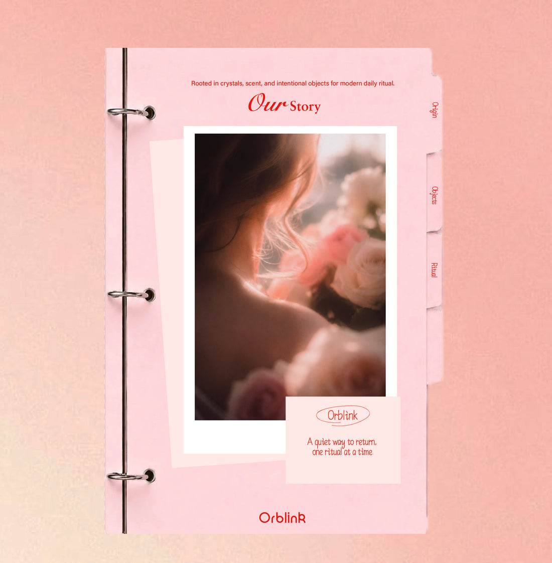 Pink Orblink ritual journal open to an illustrated story page