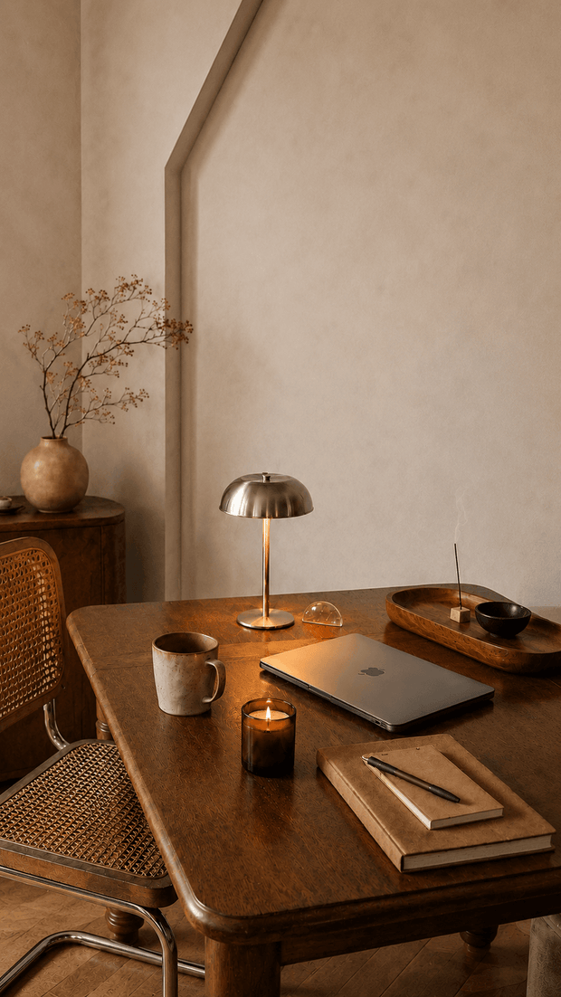 Cedar incense burning on a warm wooden desk beside a lamp, laptop, and journal