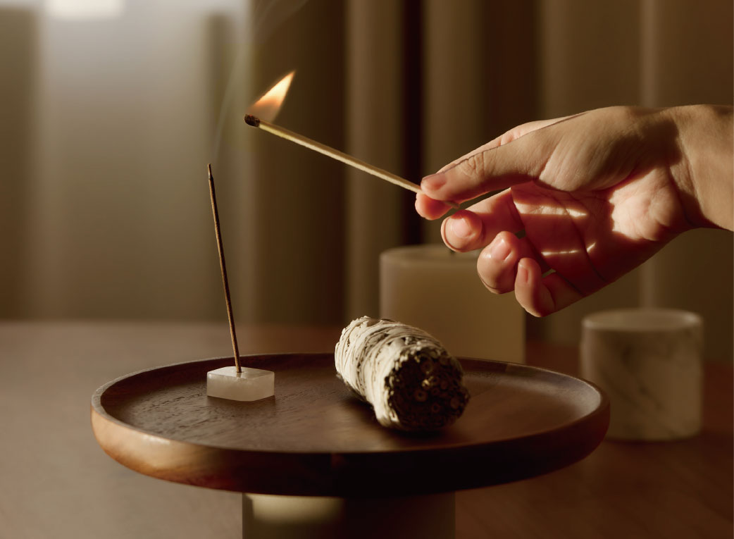 Orblink Incense Ritual - Hand Lighting Match near Sage Bundle to Clear Space & Cleanse Energy