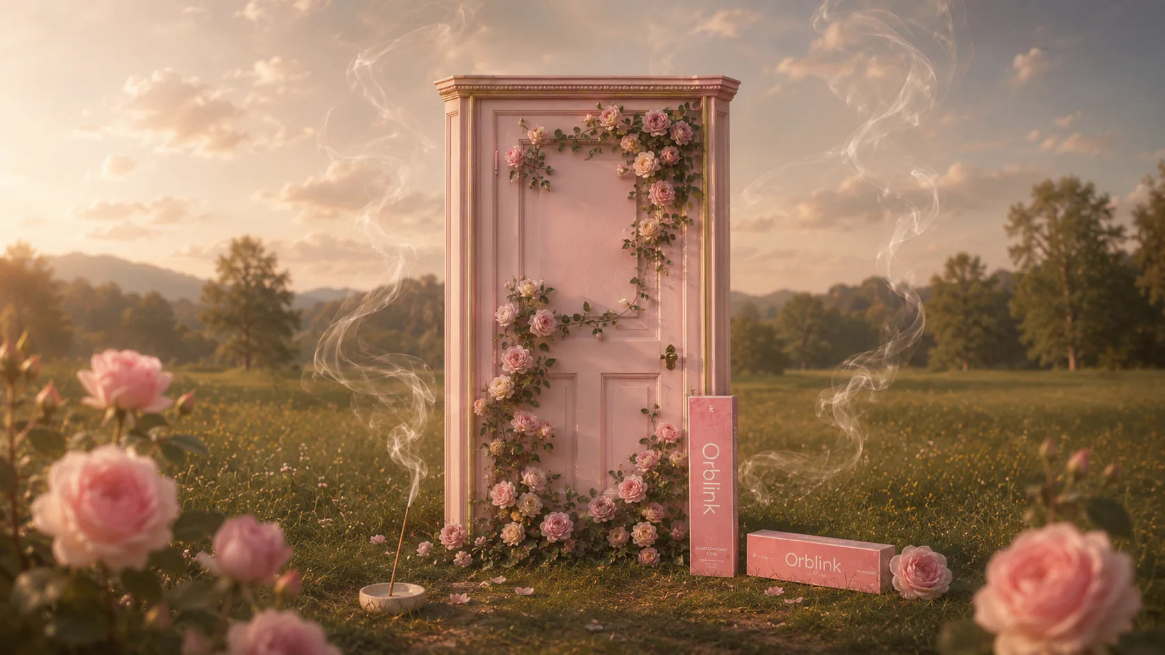 Pink flower-covered doorway with Soft Rose incense in a meadow