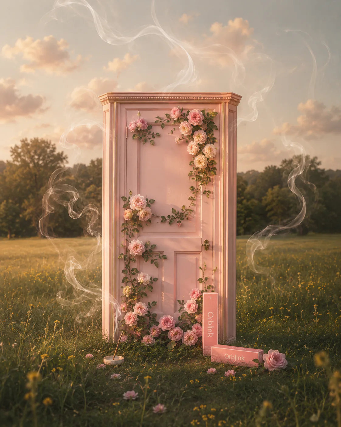 Pink flower-covered doorway in a meadow