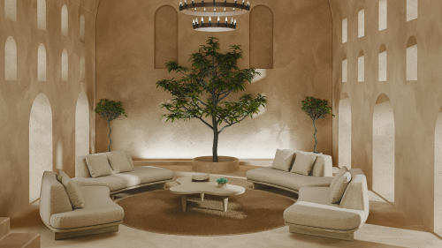 Neutral living room with a tree and curved seating